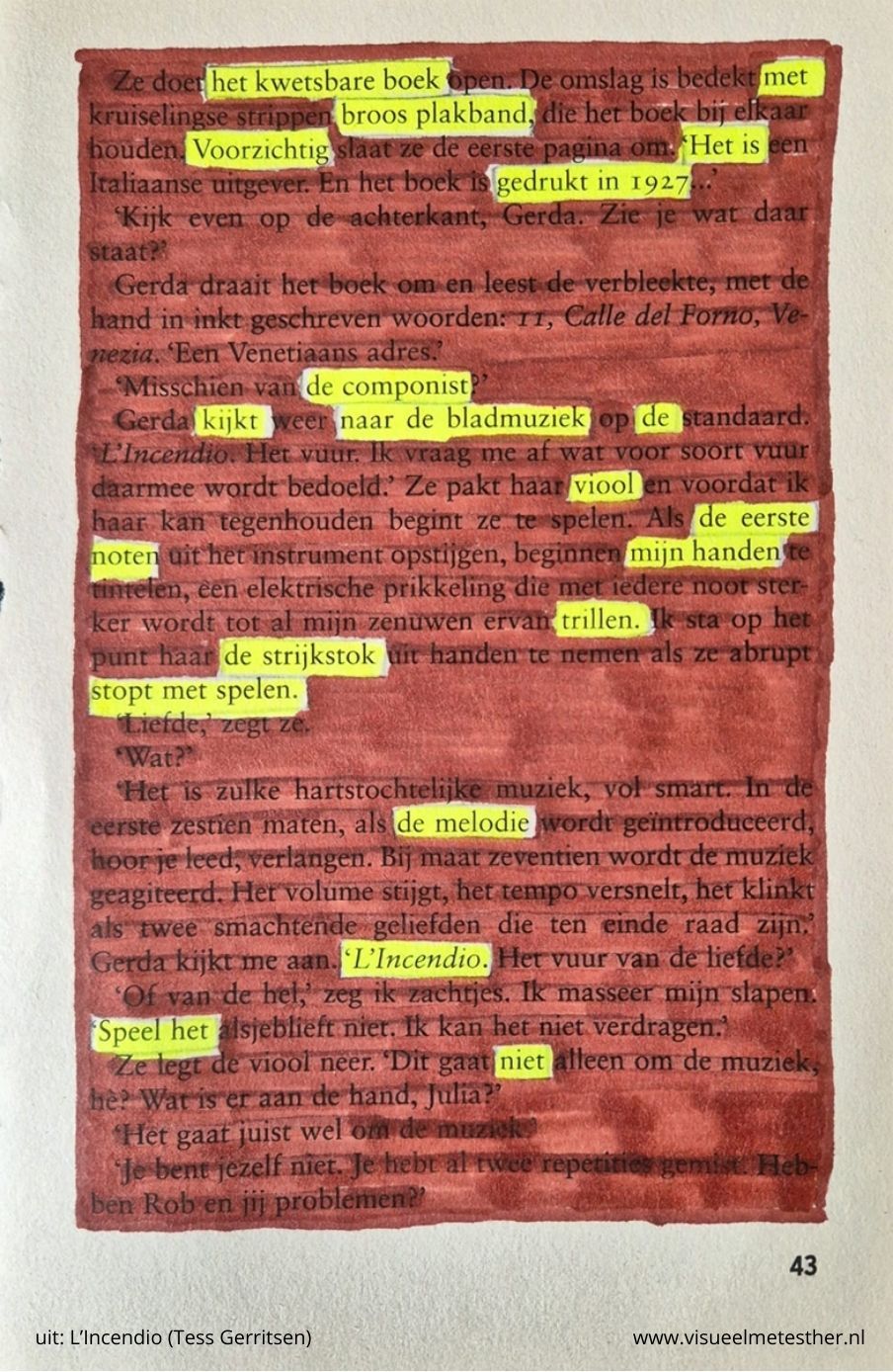Stiftgedicht L’Incendio over muziek, viool en spanninghet kwetsbare boek  met broos plakband  voorzichtig  het is gedrukt in 1927  de componist  kijkt naar de bladmuziek  de viool  de eerste noten  mijn handen trillen  de strijkstok stopt met spelen  de melodie  L’Incendio  speel het niet     Uit:  L’Incendio (Tess Gerritsen)