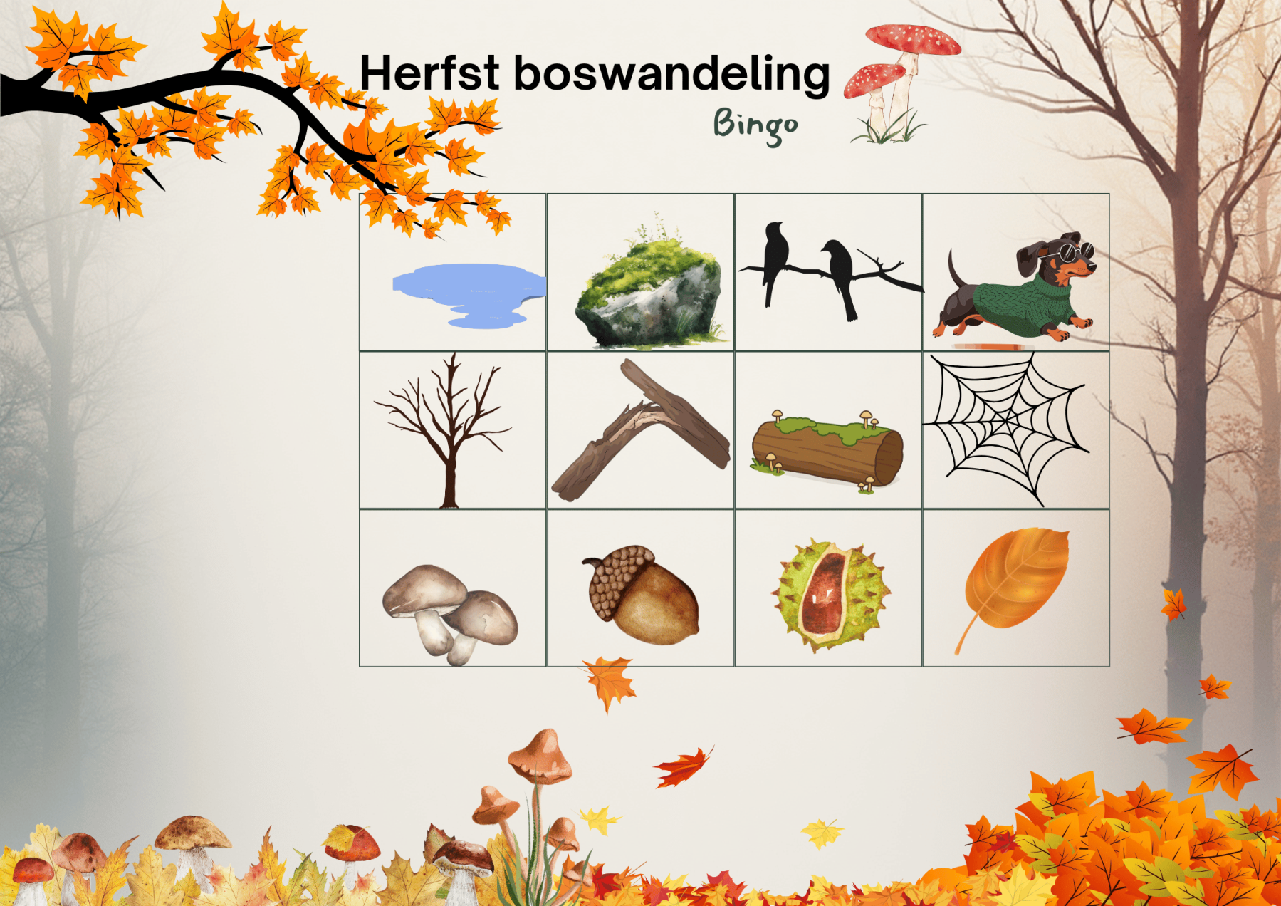 herfstboswandeling bingo voor jonge kinderen