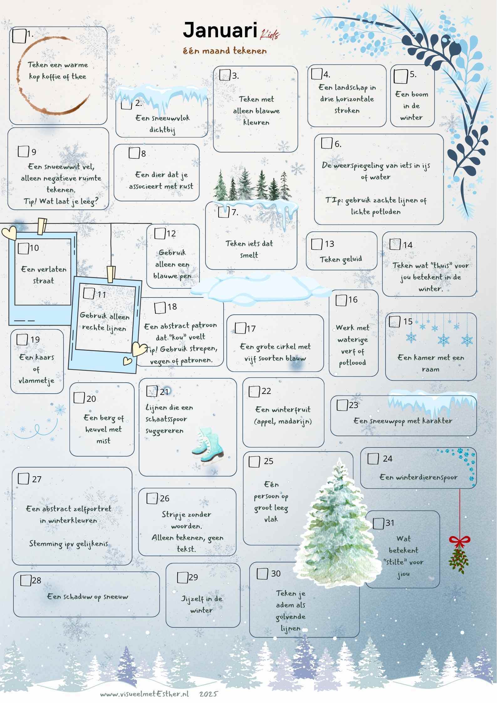 Tekenkalender januari met 31 winterse tekenopdrachten