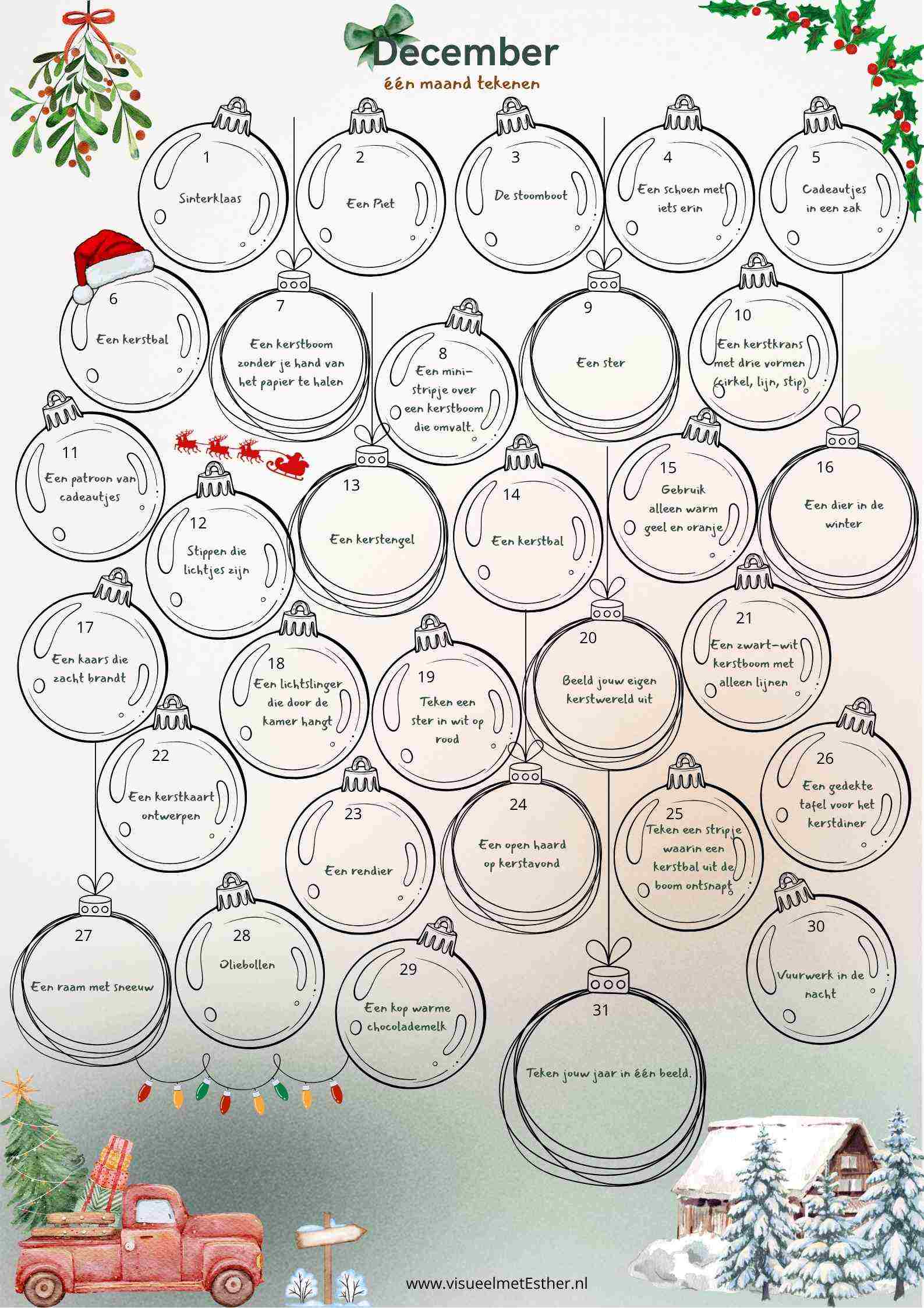 Tekenkalender december met 31 winterse tekenopdrachten