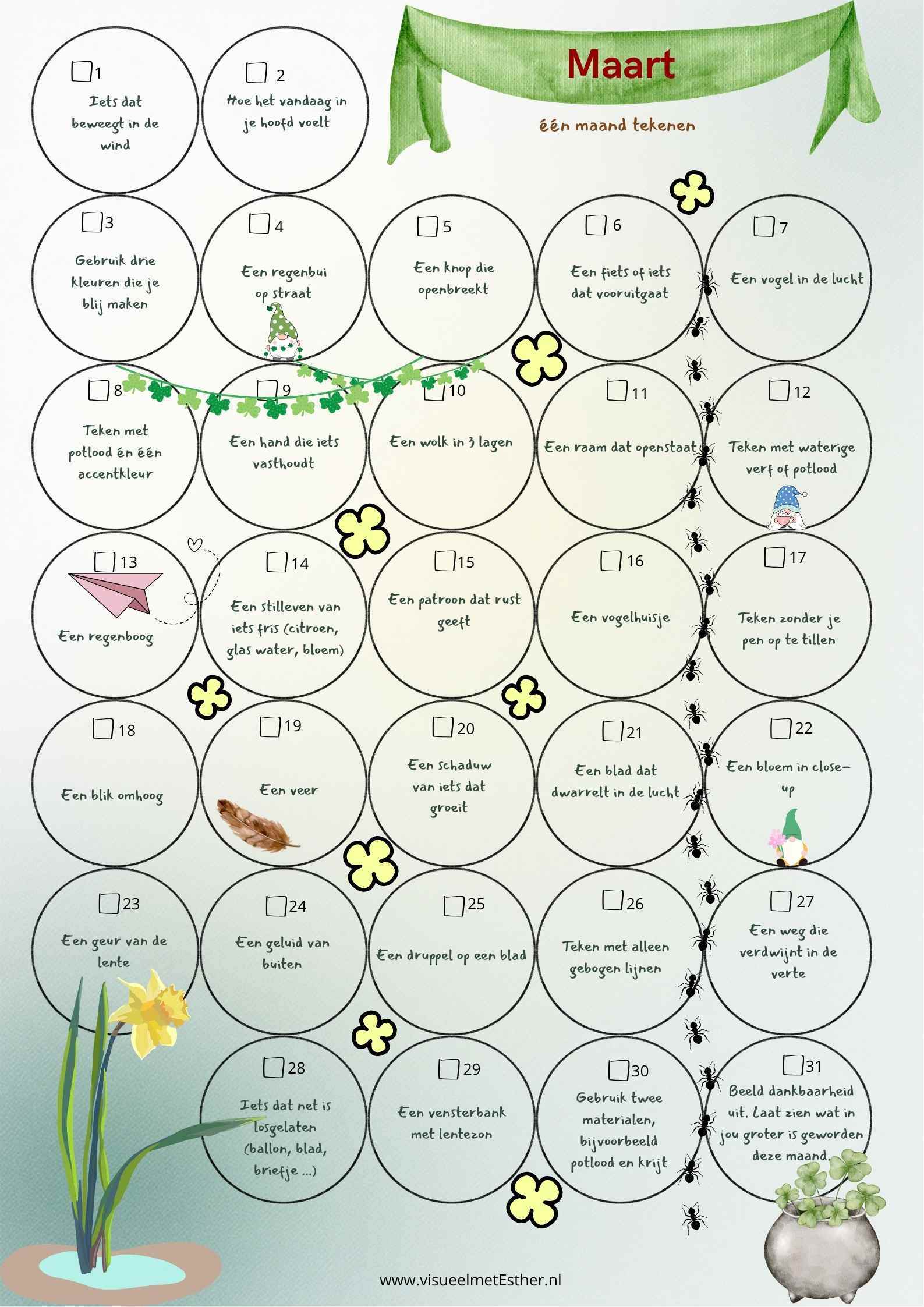 Tekenkalender maart met 31 creatieve lente-opdrachten