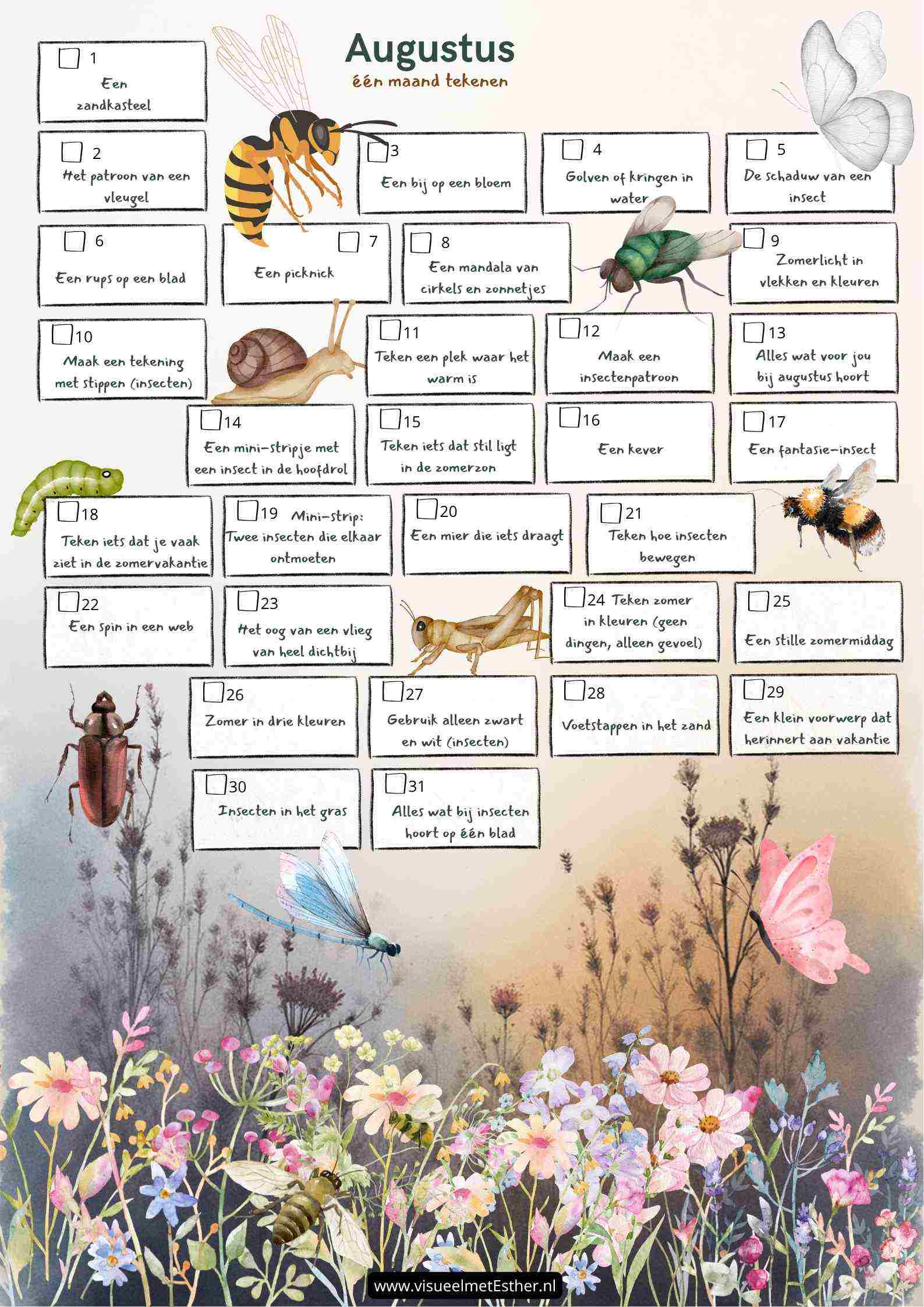 Tekenkalender augustus met 31 opdrachten rond nazomer en insecten