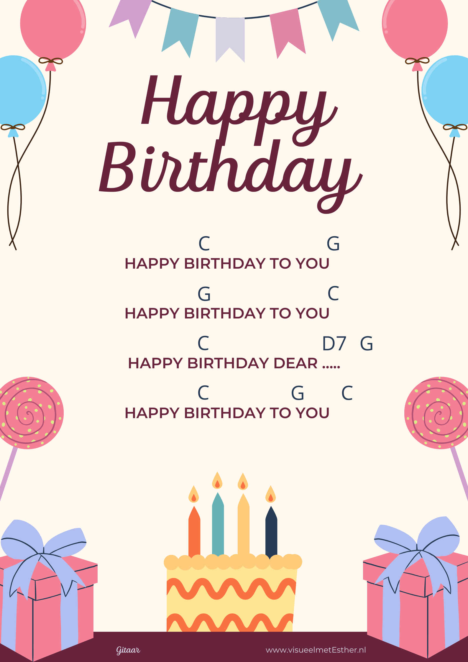 Happy Birthday voor gitaar met de akkoorden C, G en D7