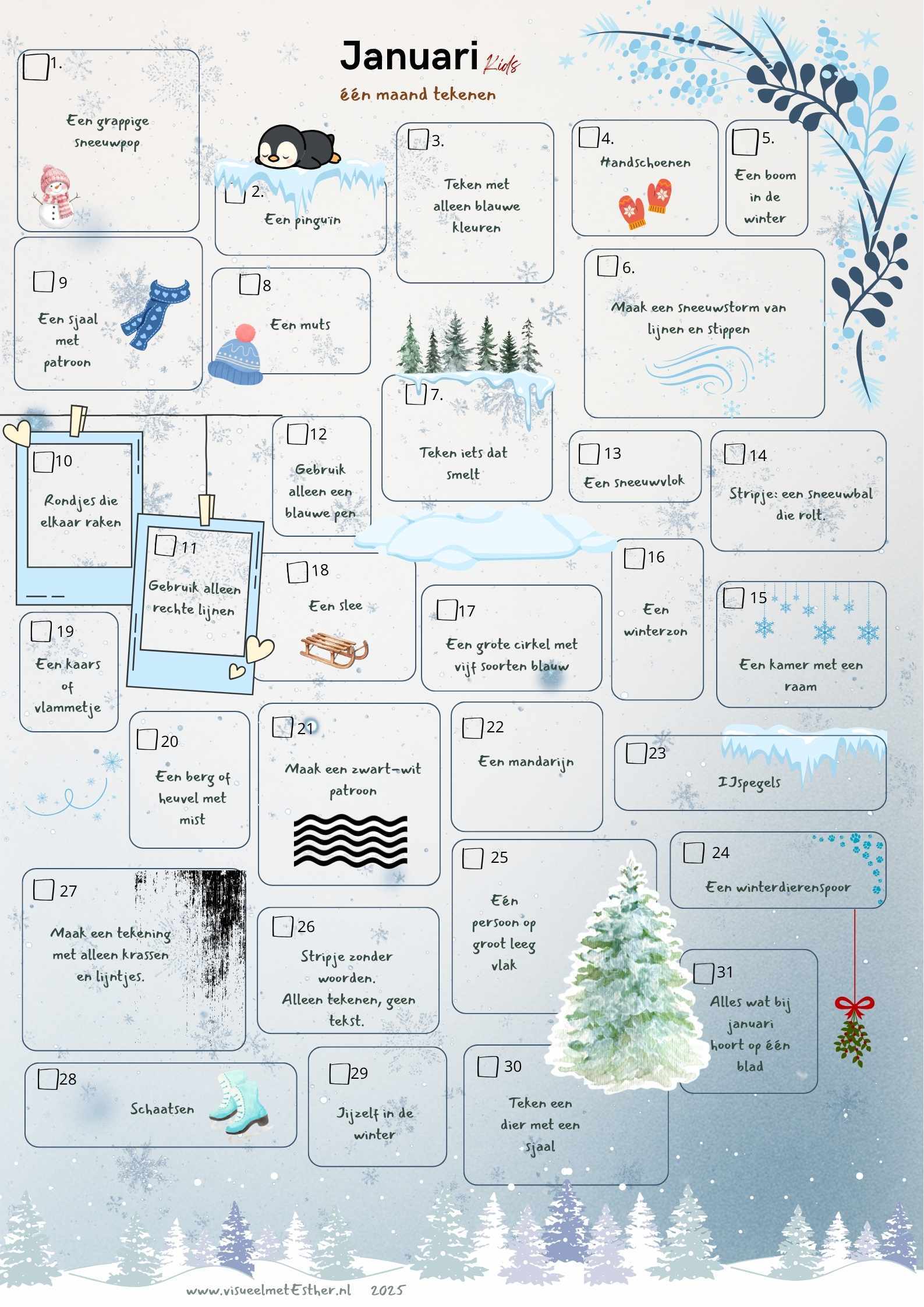 Tekenkalender januari met 31 winterse tekenopdrachten