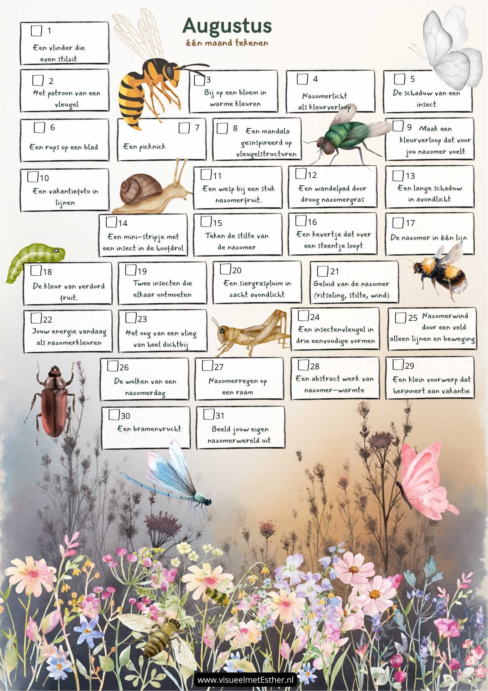 Tekenkalender augustus met 31 opdrachten rond nazomer en insecten