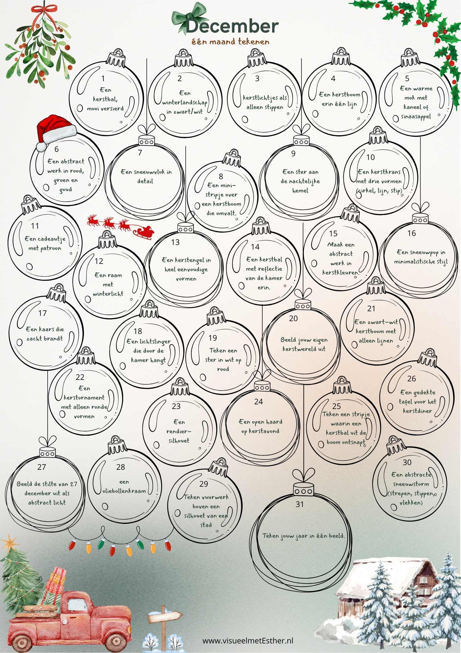 Tekenkalender december met 31 winterse tekenopdrachten