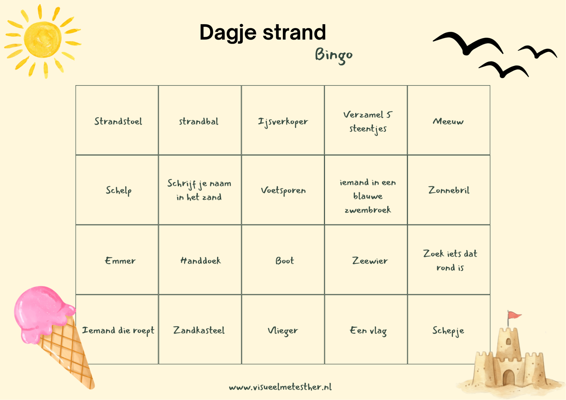 Gratis strandbingo voor kinderen met zoekopdrachten