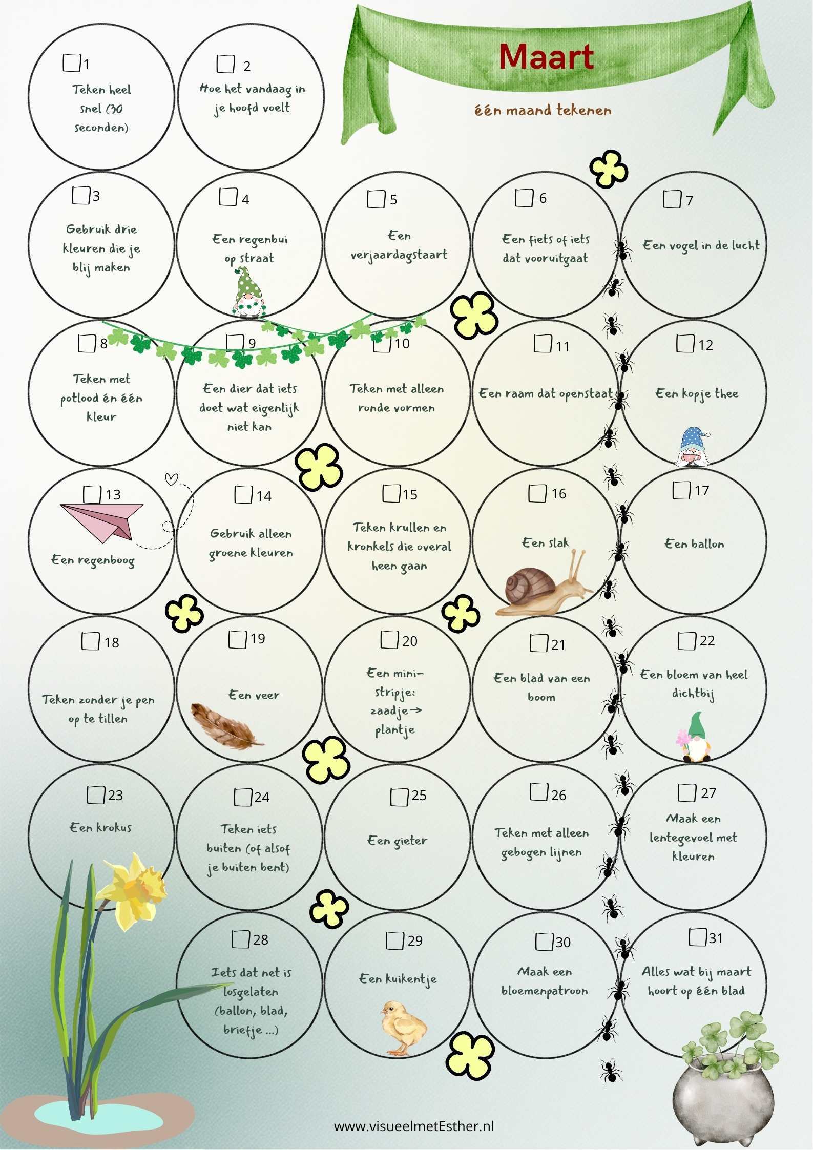 Tekenkalender maart met 31 creatieve lente-opdrachten